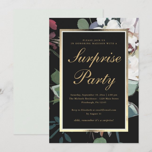 Invitation Flore foncée avec Faux Gold Frame Surprise Party (Devant / Derrière)