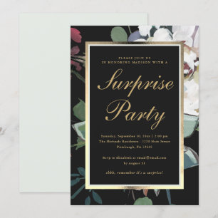 Invitation Flore foncée avec Faux Gold Frame Surprise Party