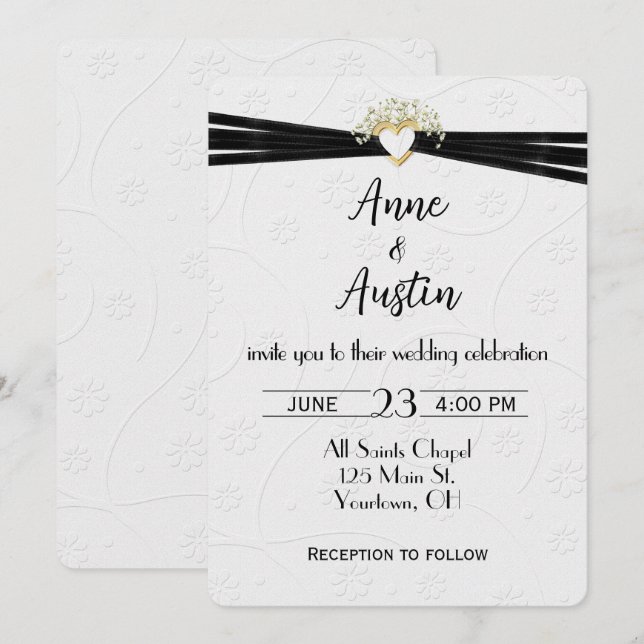 Invitation Flore mariage blanche bossée avec ruban cardiaque (Devant / Derrière)