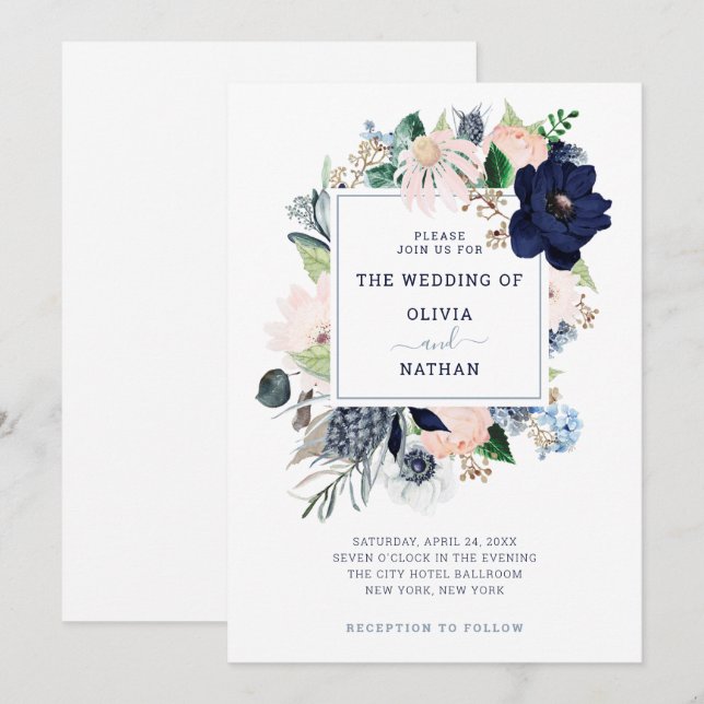 Invitation Flore marine bleue marine marine| Mariage (Devant / Derrière)