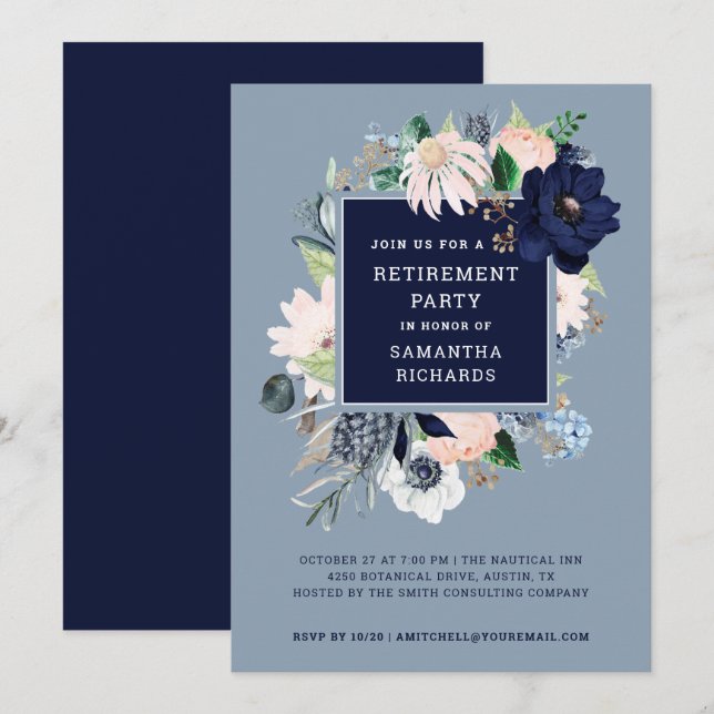 Invitation Flore marine bleue marine marine| Parti de la retr (Devant / Derrière)