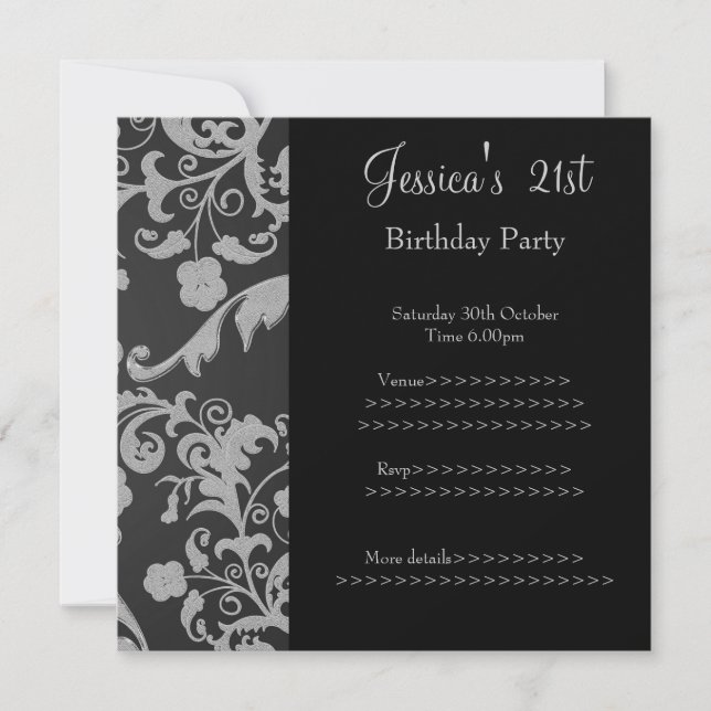 Invitation Flore métallique gris noir rétro 21e anniversaire  (Devant)