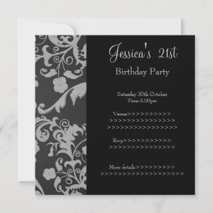 Invitation Flore métallique gris noir rétro 21e anniversaire 