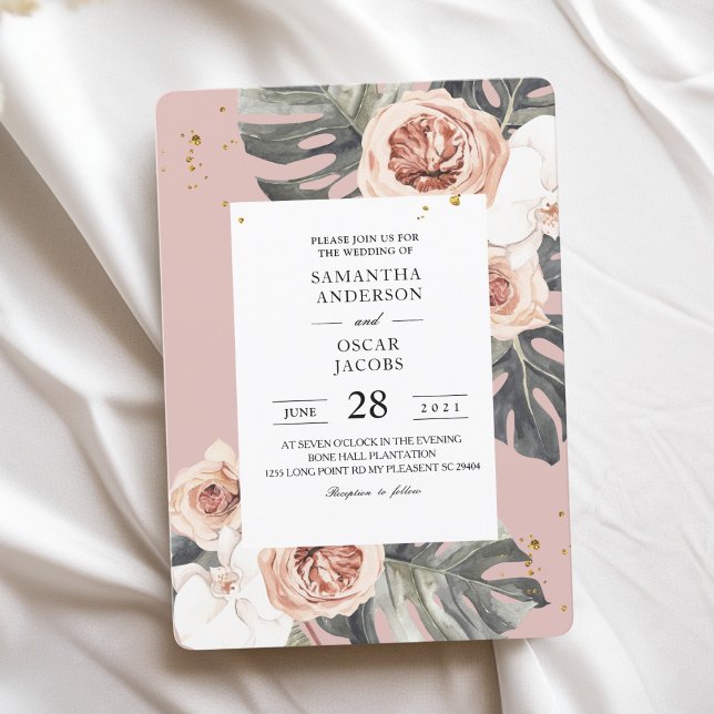 Invitation Flore moderne rose & vert Feuille Tropicale & Orch (Créateur téléchargé)