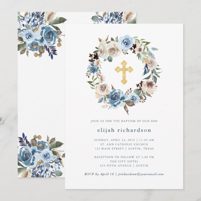 Invitation Flore neutre et bleue| Baptême de la Croix d'Or (Devant / Derrière)