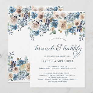 Invitation Flore neutre et bleue  Brunch et bulle