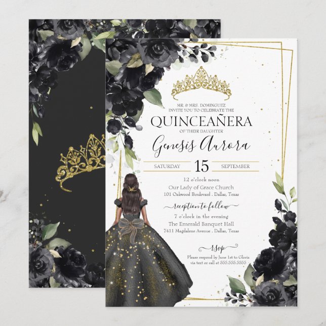 Invitation Flore noire Accent or élégant Quinceanera (Devant / Derrière)