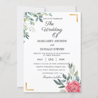 Invitation Flore poussiéreux avec cadre géométrique doré mari