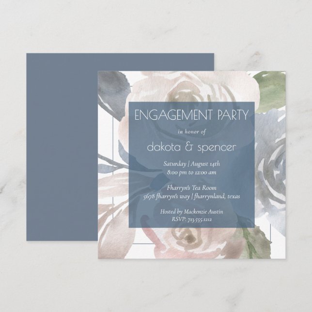 Invitation Flore poussiéreux | Smoky Blue Cream Engagement Pa (Devant / Derrière)