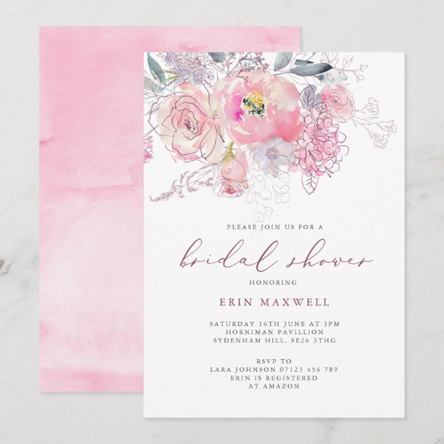 Invitation Flore printanière Fête des mariées rose et mauve (Devant / Derrière)