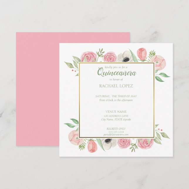Invitation Flore rose Chic | Cadre Or Quinceanera (Devant / Derrière)