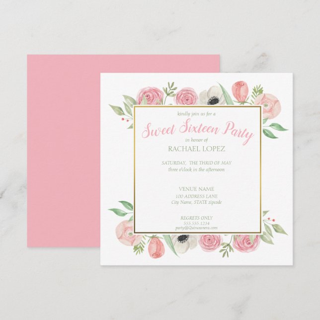 Invitation Flore rose Chic | Sweet sixteen Gold Frame (Devant / Derrière)