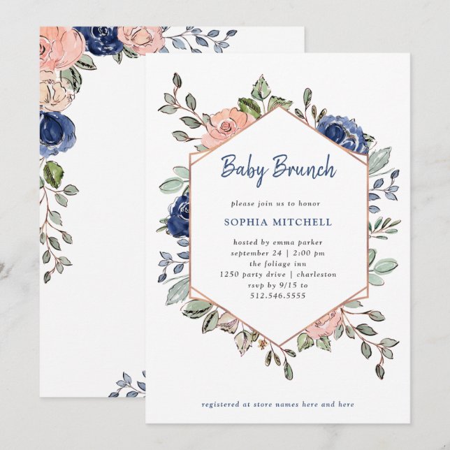 Invitation Flore rose et bleu géométrique| Bébé Brunch (Devant / Derrière)