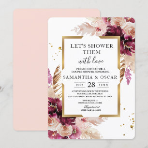 Invitation Flore rose et cadre doré bleu Bourgogne moderne