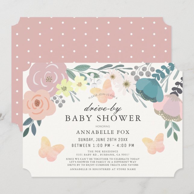 Invitation Flore rose et papillons Baby shower à l'entrée (Devant / Derrière)