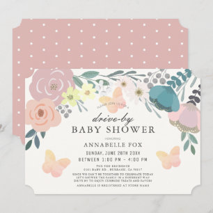 Invitation Flore rose et papillons Baby shower à l'entrée