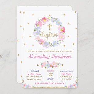 Invitation Flore rose moderne Baptême Christening