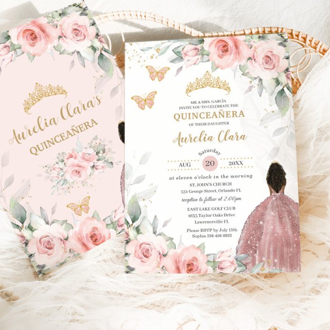 Invitation Flore rose pâle Brown princesse Quinceañera (Créateur téléchargé)