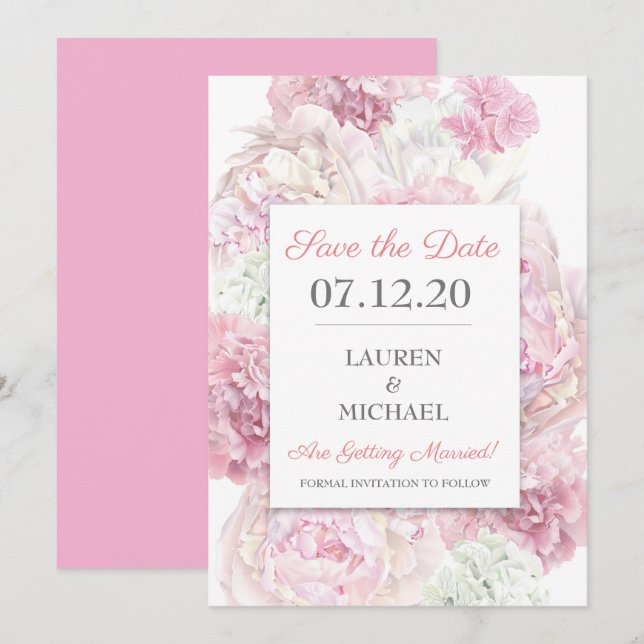 Invitation Flore rose pâle Enregistrer la date (Devant / Derrière)