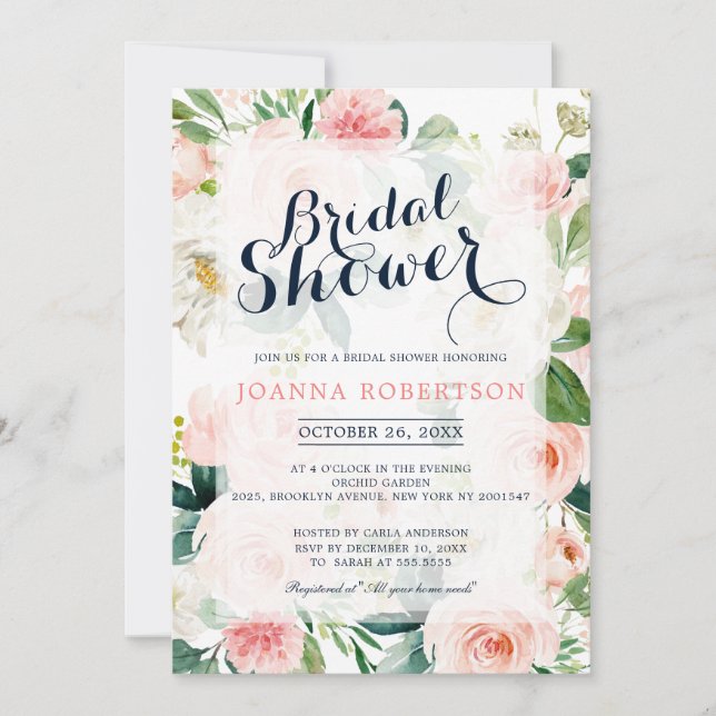 Invitation Flore rose pâle Fête des mariées botanique moderne (Devant)