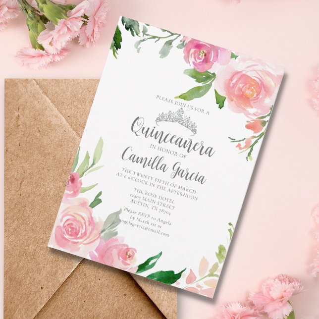 Invitation Flore rose pâle Quinceañera Argent Tiara Élégant (Créateur téléchargé)