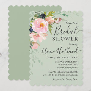 Invitation Flore rose pâle sur Fête des mariées verte Sage