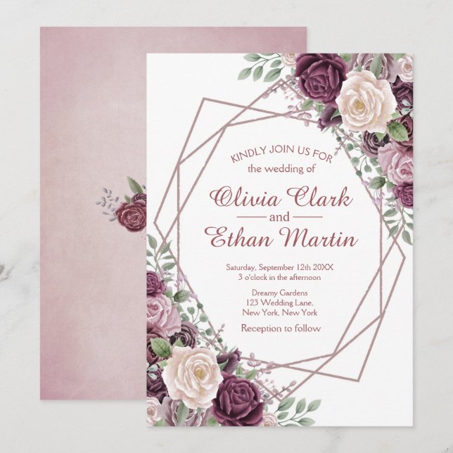 Invitation Flore Rose poussiéreux géométrique sur blanc (Devant / Derrière)