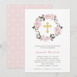 Invitation Flore rose Vintage et Croix d'or  Baptême