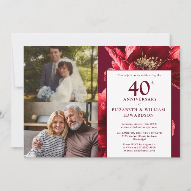 Invitation Flore rouge Alors et maintenant 40e anniversaire 2 (Devant)