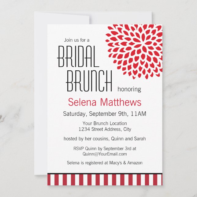 Invitation Flore rouge et rayures Brunch nuptial moderne (Devant)