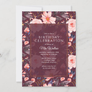 Invitation Flore rouge foncé bordeaux   Anniversaire Vintage 