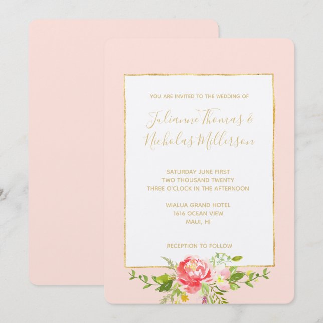 Invitation Flore rouge rose pâle (Devant / Derrière)