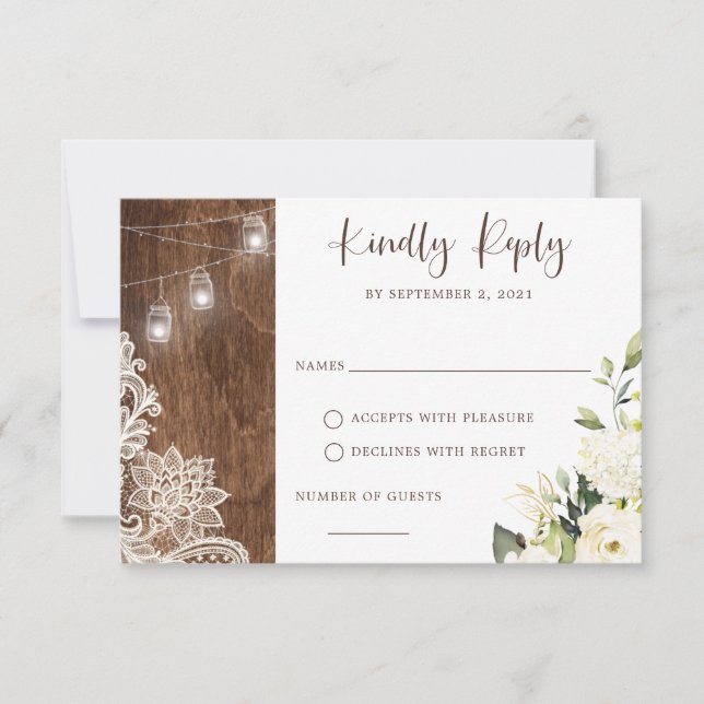 Invitation Flore Rustique dentelle dentelle lumières Mason Ja (Devant)