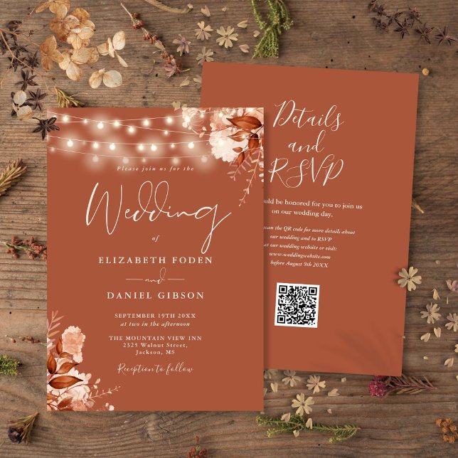 Invitation Flore rustique éclaire le Mariage de automne de co (Rustic Floral String Lights QR Code Fall Wedding Invitation)