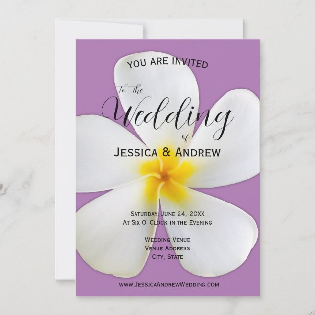 Invitation Flore tropicale, Plumeria blanche, Lavande, Mariag (Devant)