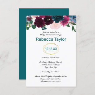 Invitation Flore Turquoise vertical - Baby shower 3x5
