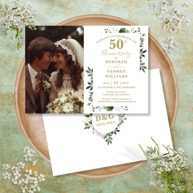 Invitation Flore verdoyante 50e anniversaire Mariage Photo (Greenery Floral 50th Wedding Anniversary Photo Invitation)