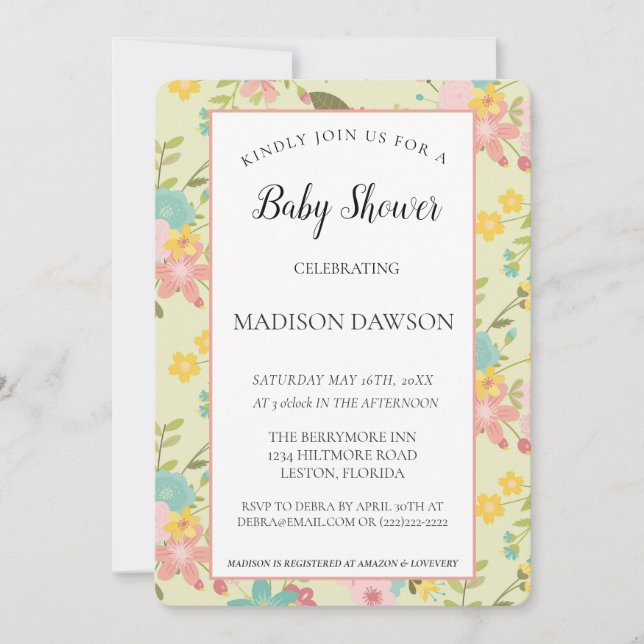 Invitation Flore vert rose jaune encadrée personnalisée (Devant)