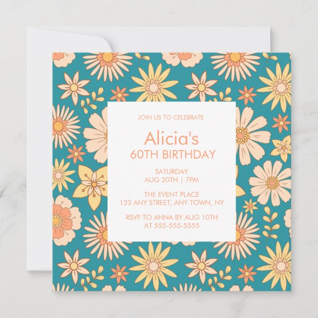 Invitation Flore verte 60e anniversaire Retro Orange Peach (Devant)