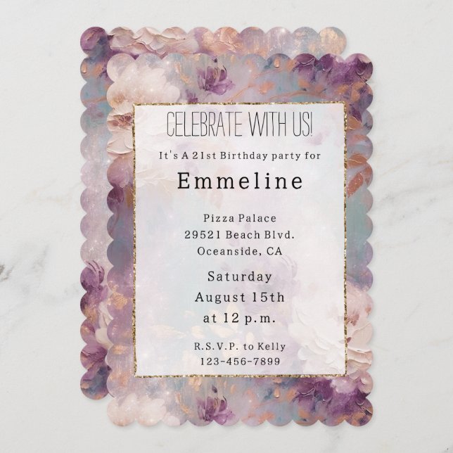 Invitation Flore violet d'or blanc (Devant / Derrière)