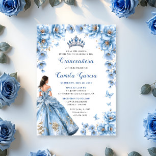 Invitation Flore Whimsical Dusty Bleu Tiara Quinceañera