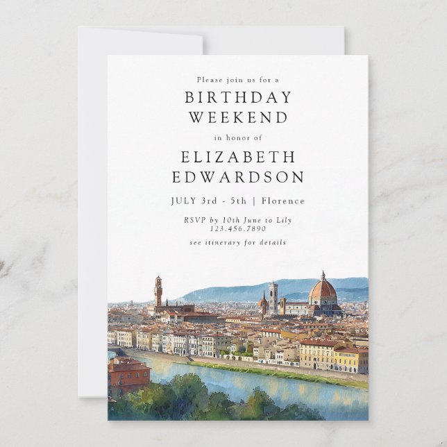 Invitation Florence Skyline Watercolor Birthday Weekend (Devant)