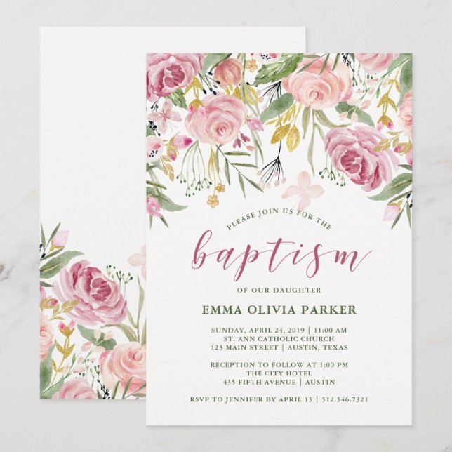 Invitation Flores aquarelles | Baptême floral rose et or (Devant / Derrière)