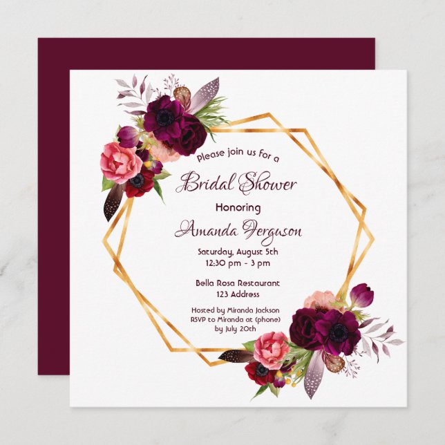 Invitation Flores bordeaux or géométrique boho nuptiale (Devant / Derrière)