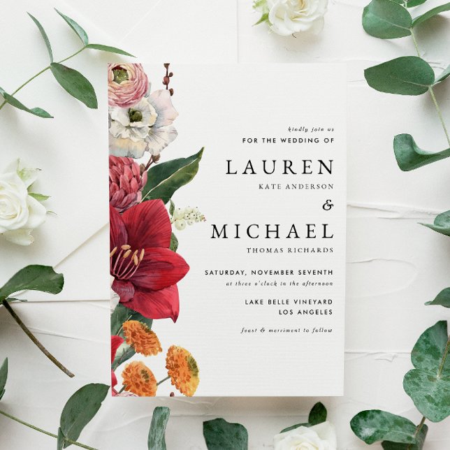 Invitation Flores d'automne avec Mariage de code QR Amaryllis (Fall-inspired QR code wedding invitation with amaryllis, chrysanthemums, ranunculus, and lisanthus. )