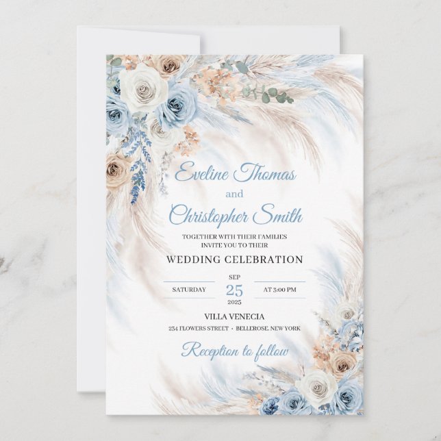 Invitation Flores de Boho bleu moderne rose pampas tropical (Devant)