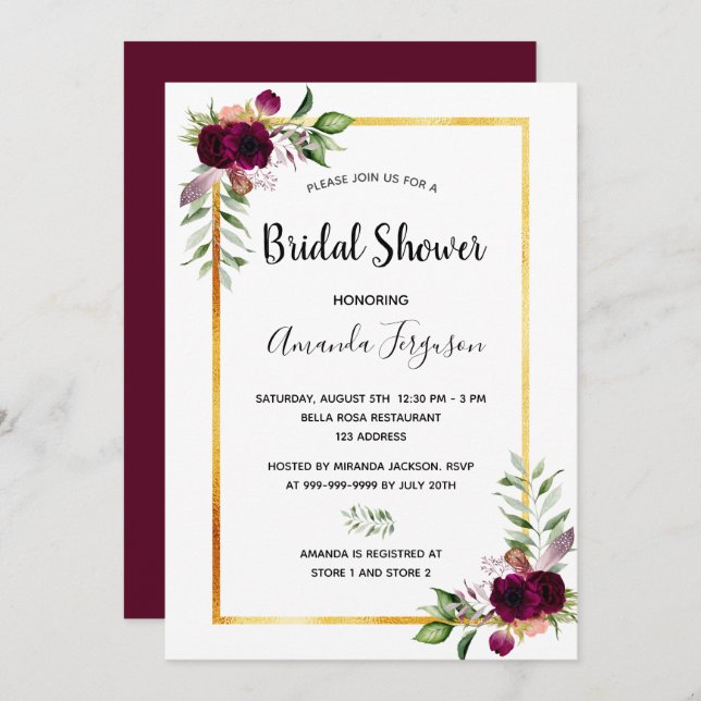 Invitation Flores de douche nuptiale boho bordeaux (Devant / Derrière)