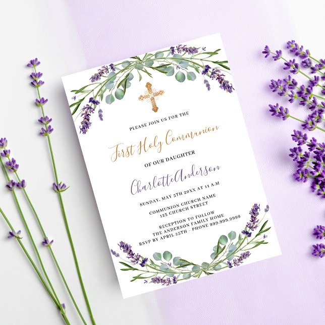 Invitation Flores de violet de lavande Première communion (Créateur téléchargé)
