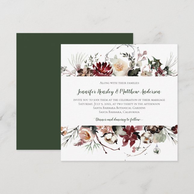 Invitation Flores d'hiver - Forêt foncée Vert Texte Mariage | (Devant / Derrière)