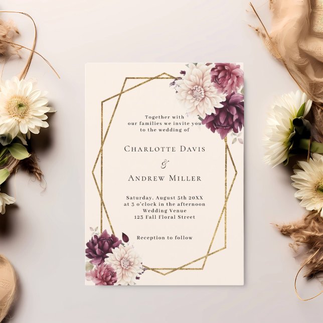 Invitation Flores d'ivoire beige bordeaux mariage géométrique (Créateur téléchargé)